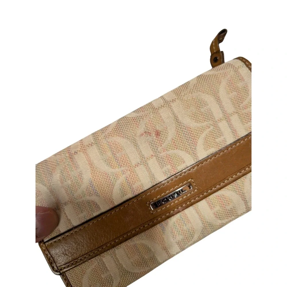 Fossil Wallet‎ Logo Spell Out Beige Cream Tan Brown Women Cards Coins Vintage